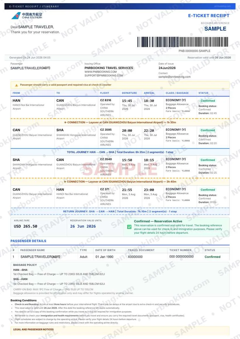 Sample e-ticket — watermarked, with fake passenger data